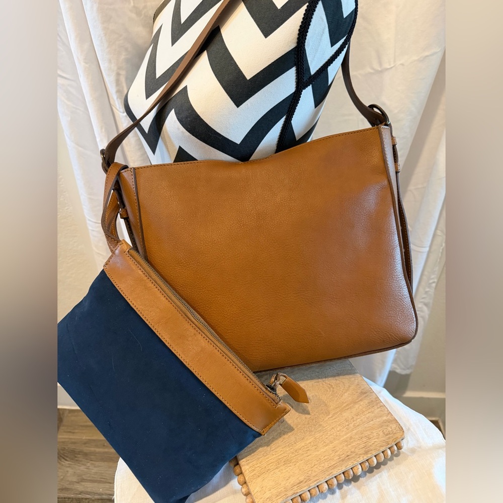 Ellington Brown Leather Shoulder Bag with Navy Pouch